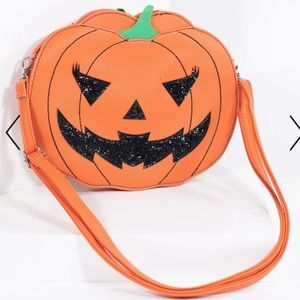 Orange Leatherette Pumpkin Jack O Lantern Crossbody Purse